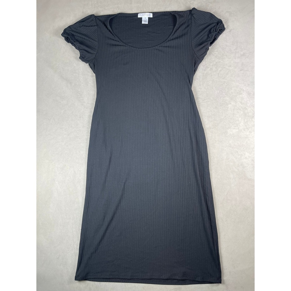 Planet Gold Womens XL Black Ribbed Puff Sleeve Scoop Neck Bodycon Midi Dress